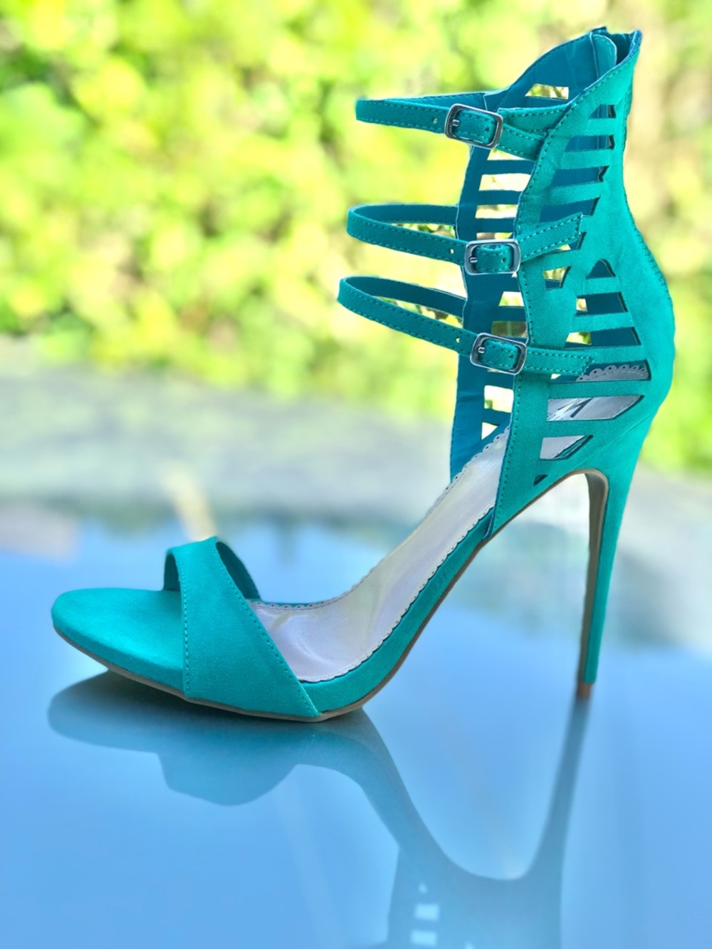 MADISON Teal Cage 3 Buckle Faux Suede Stiletto Open Toe Heels Size 9 - Picture 6 of 16